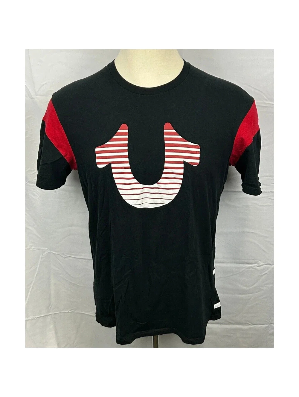 True Religion Men's XL Black Red Striped Spell Out Logo Short-Sleeve T-Shirt